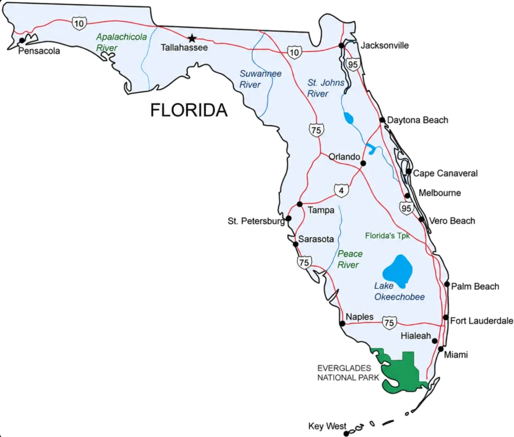 Map of Payne Pool Professionals Florida service areas: Gulf Coast, Tampa Bay, Orlando, and Jacksonville