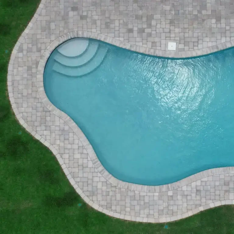 Overhead view of a freeform pool with curved entry steps